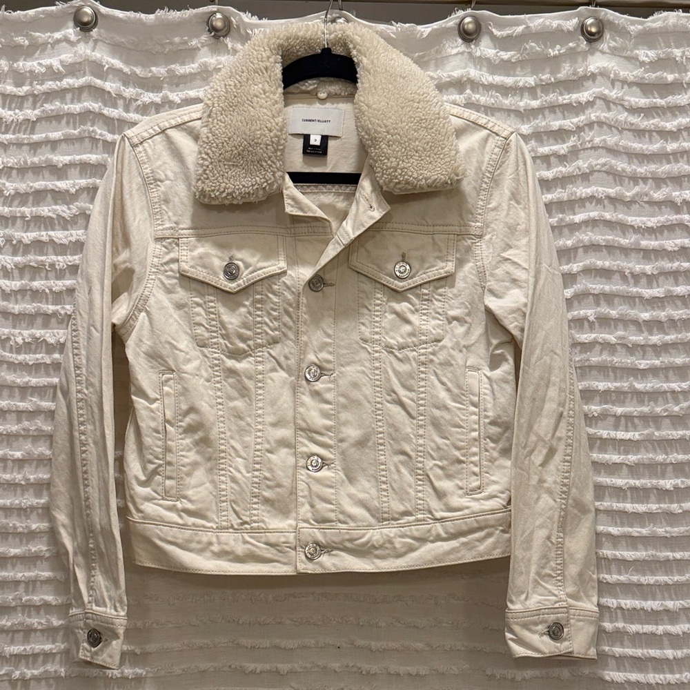 Current/Elliott Cream Denim Jacket with removable Shearling Collar
